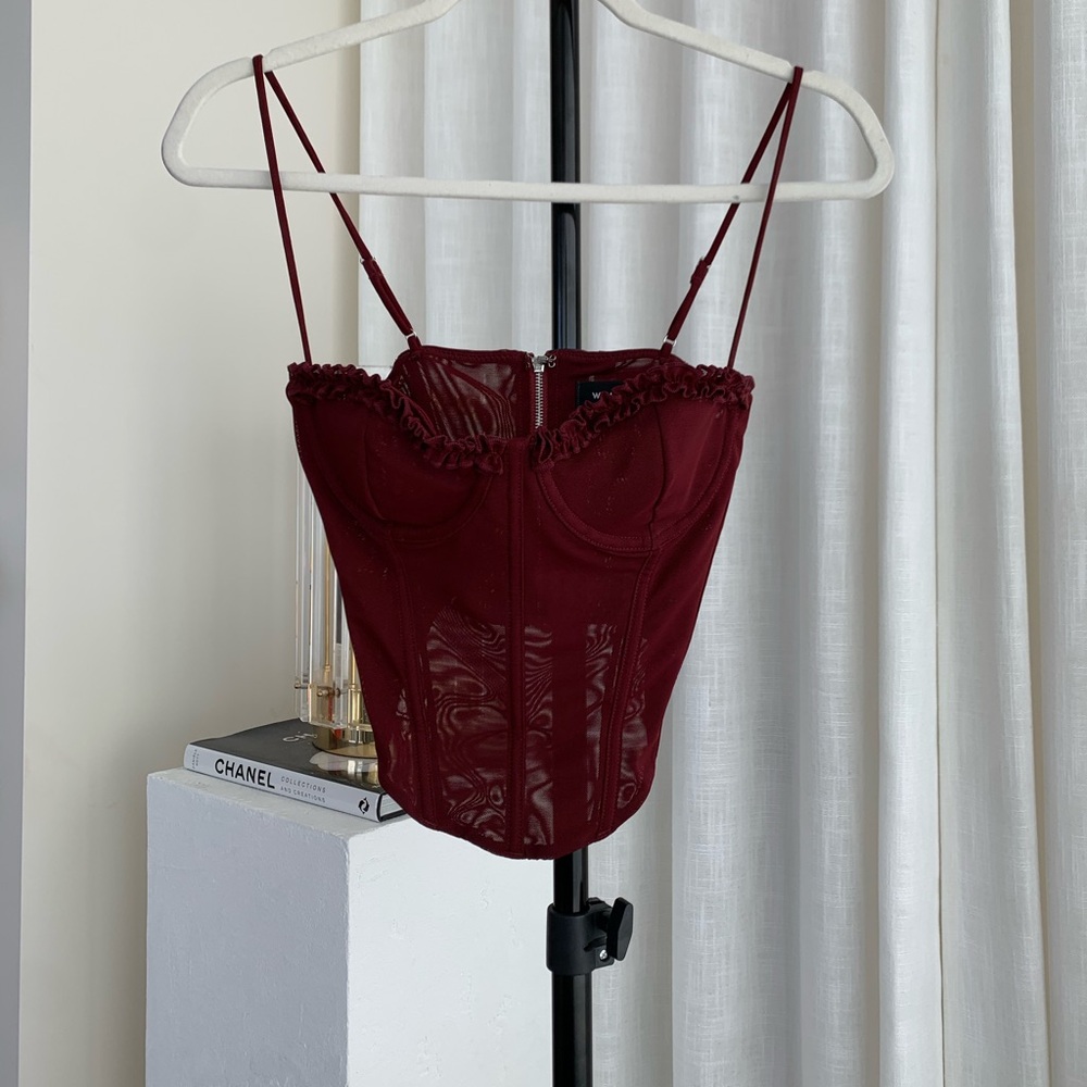 White Fox Boutique Burgundy Lace-Trim Corset Crop Top